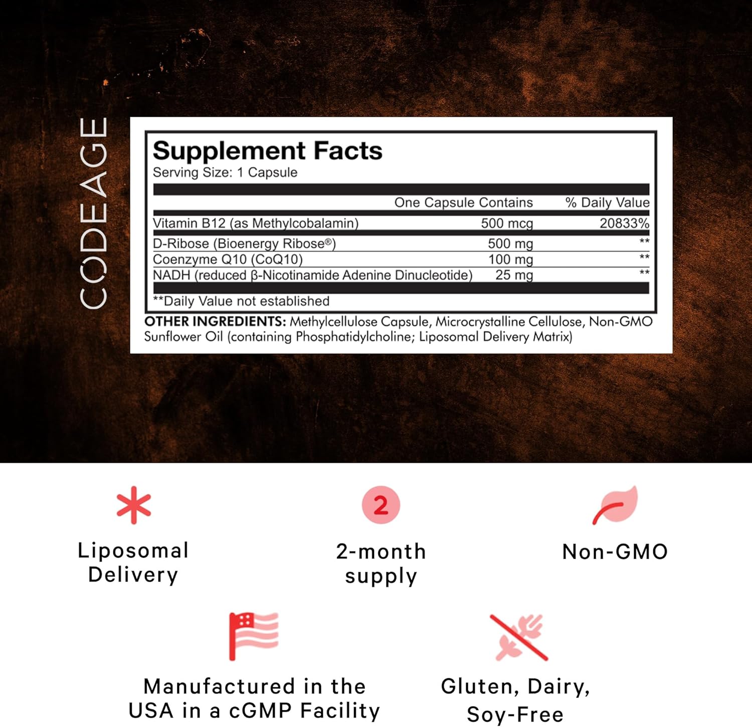 Liposomal NADH+ Supplement with Vitamin B12, D-Ribose, and CoQ10 - 2-Month Supply - Non-GMO - 60 Capsules