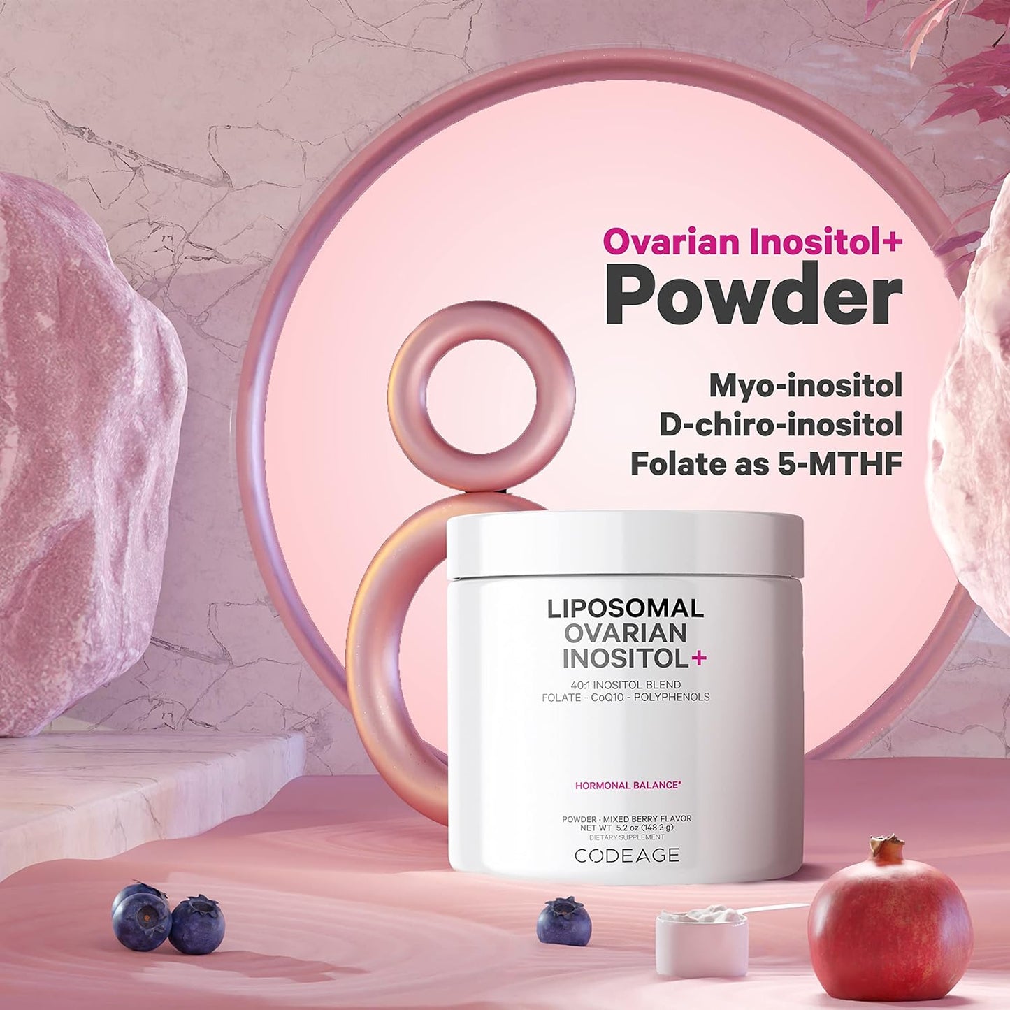 Liposomal Ovarian Inositol Powder with Myo-Inositol & D-Chiro-Inositol Blend, Folate, CoQ10, Pomegranate, Wild Blueberry - 2-Month Supply - Mixed Berry Flavor - Non-GMO, 60 Servings