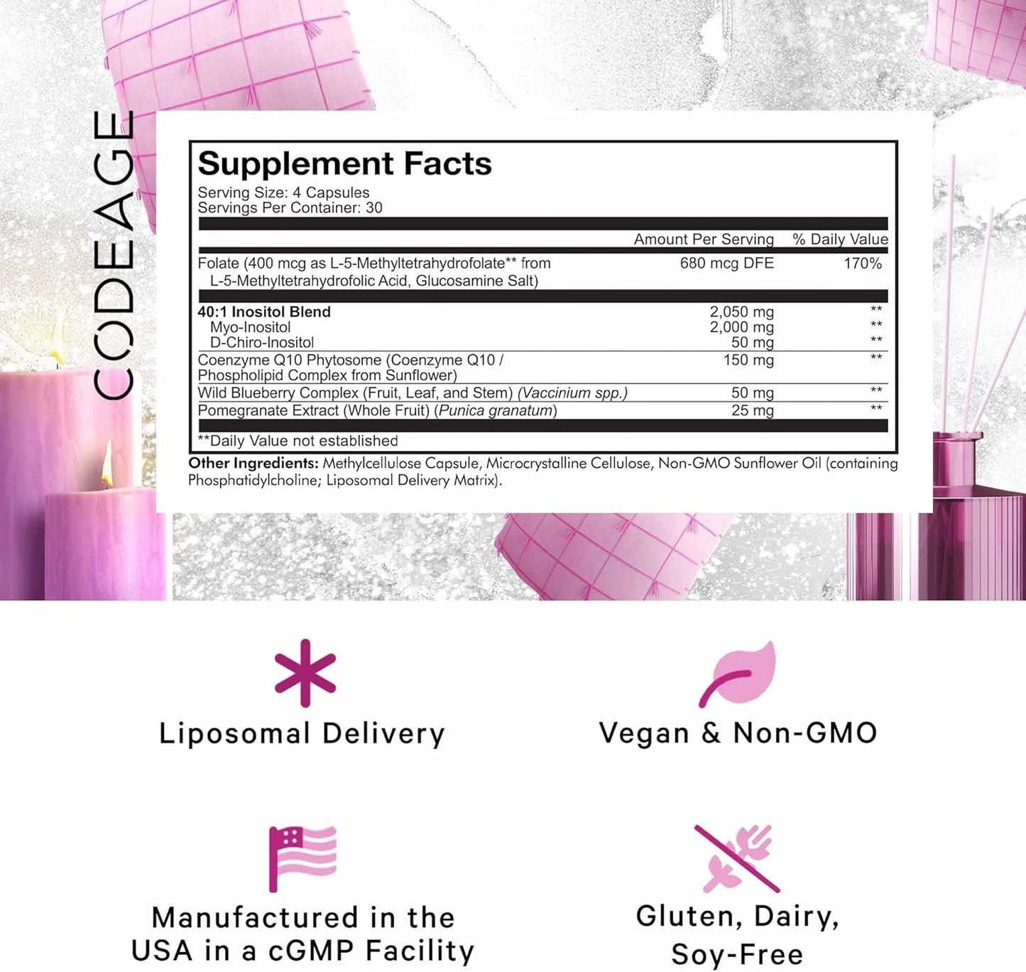 Liposomal Ovarian Inositol+ Supplement with Myo-Inositol, D-Chiro-Inositol, Folate, CoQ10, Pomegranate, Wild Blueberry - 120 Capsules
