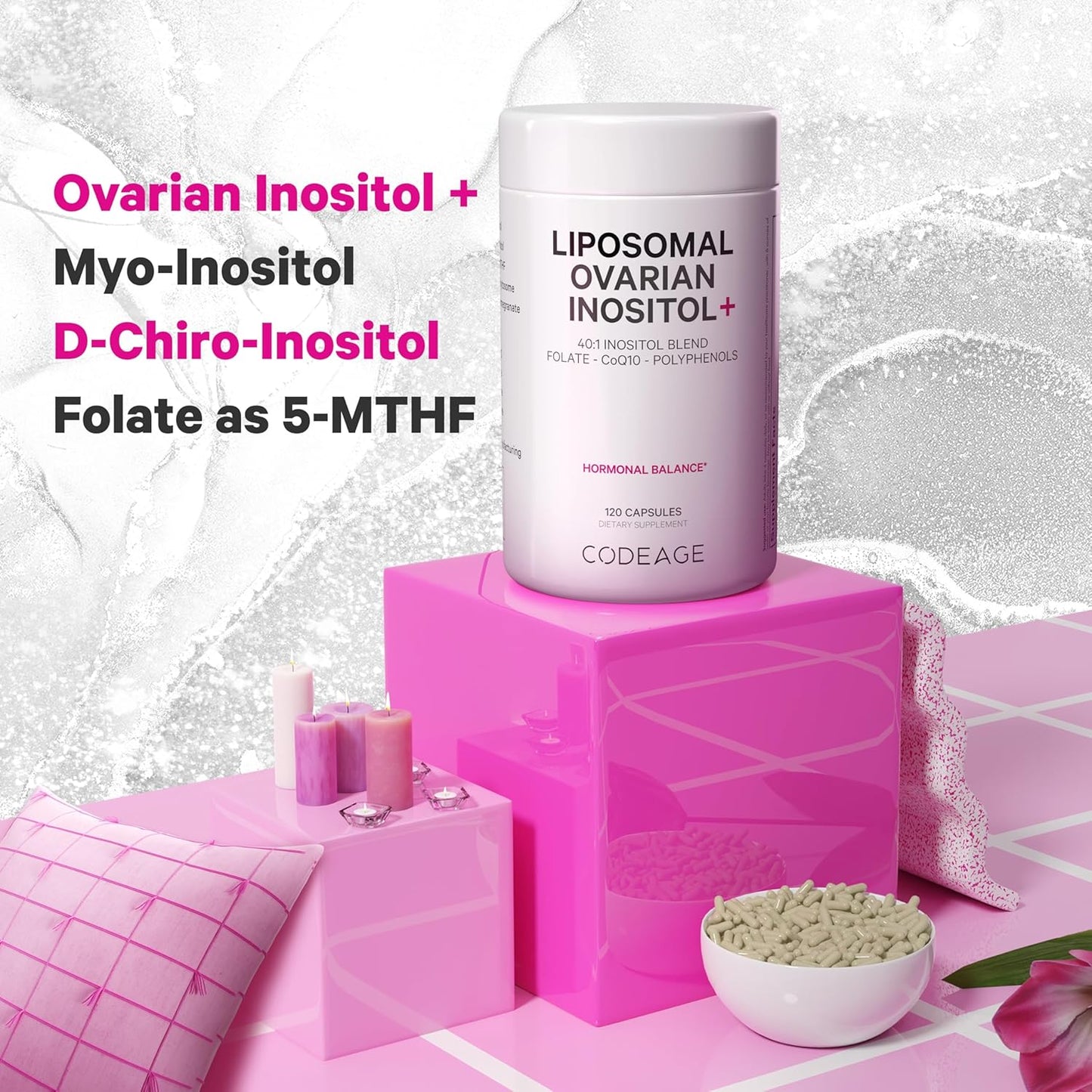 Liposomal Ovarian Inositol+ Supplement with Myo-Inositol, D-Chiro-Inositol, Folate, CoQ10, Pomegranate, Wild Blueberry - 120 Capsules