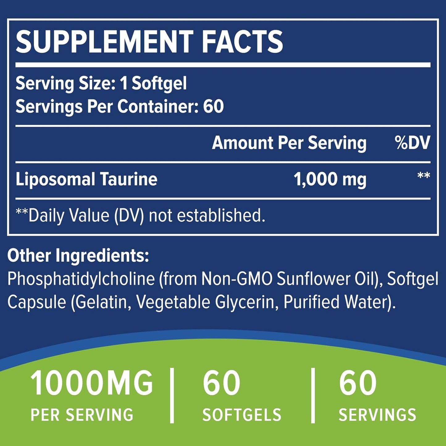 Liposomal Taurine Amino Acid Supplement 1000mg - Vegan & Gluten Free - Supports Heart, Liver, Brain Health - High Absorption - 2 Pack of 60 Softgels
