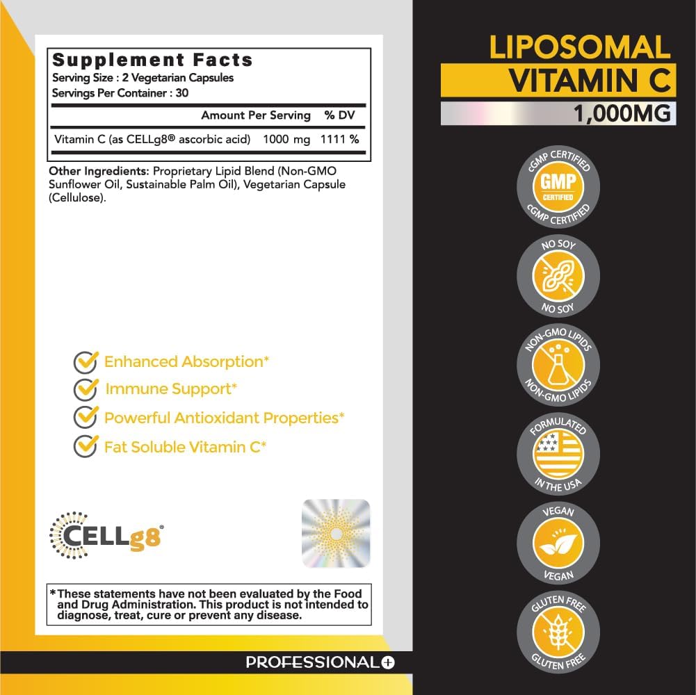 Liposomal Vitamin C 1,000mg Capsules - High Absorption Antioxidant Supplement for Immune System & Collagen Booster - Vegan, Gluten Free - Made in USA