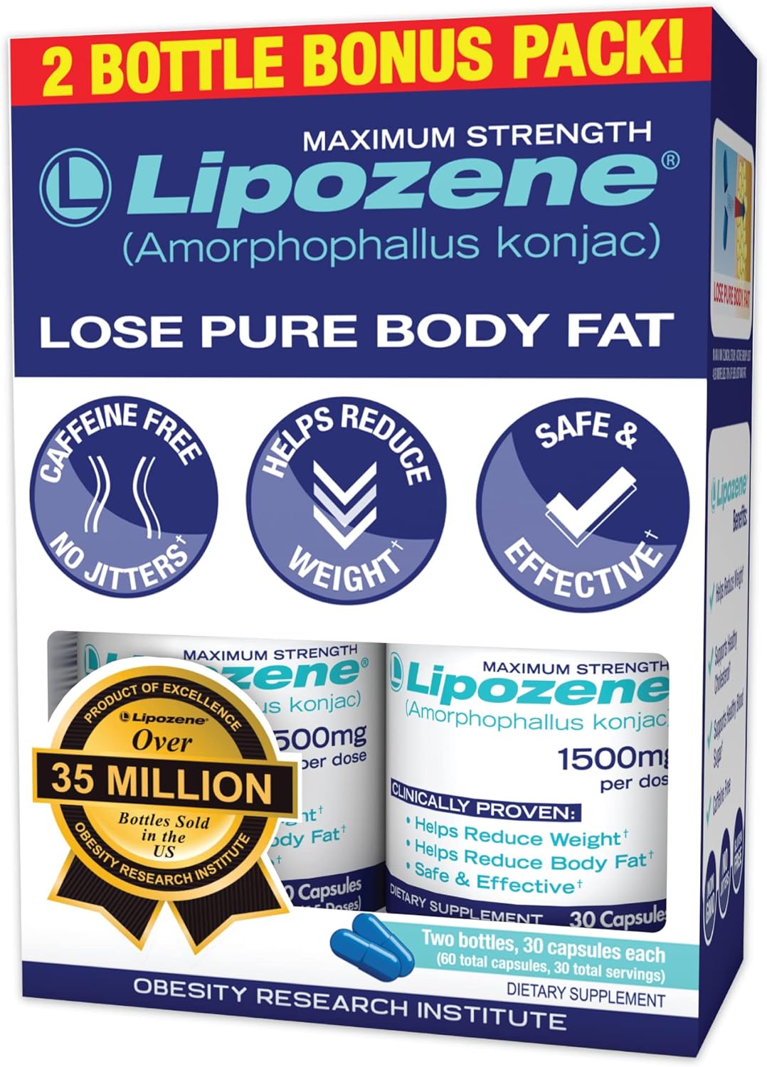 Lipozene Weight Loss Supplement Diet Pills - Appetite Suppressant Control - 2 Bottles 60 Capsules