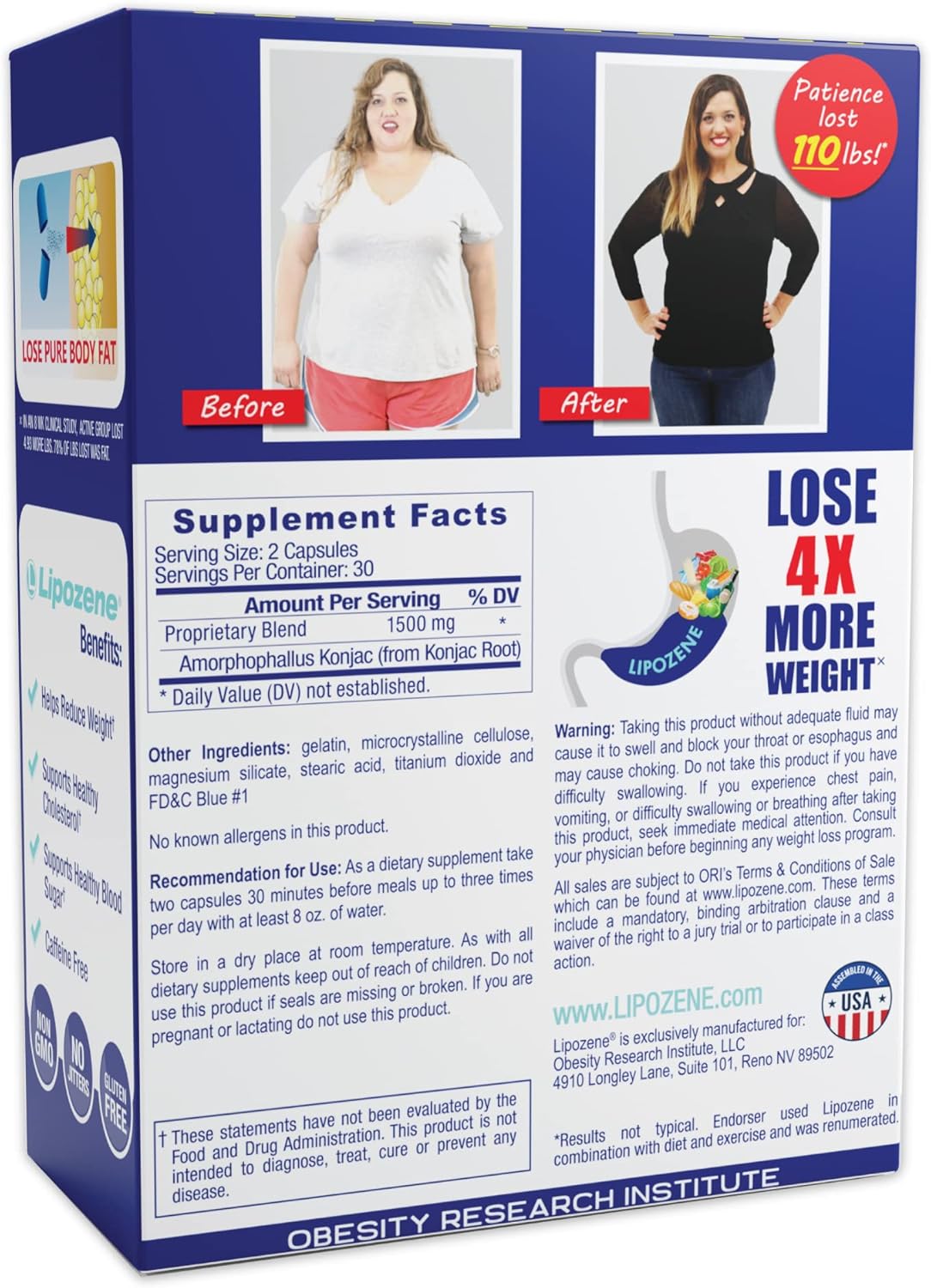 Lipozene Weight Loss Supplement Diet Pills - Appetite Suppressant Control - 2 Bottles 60 Capsules