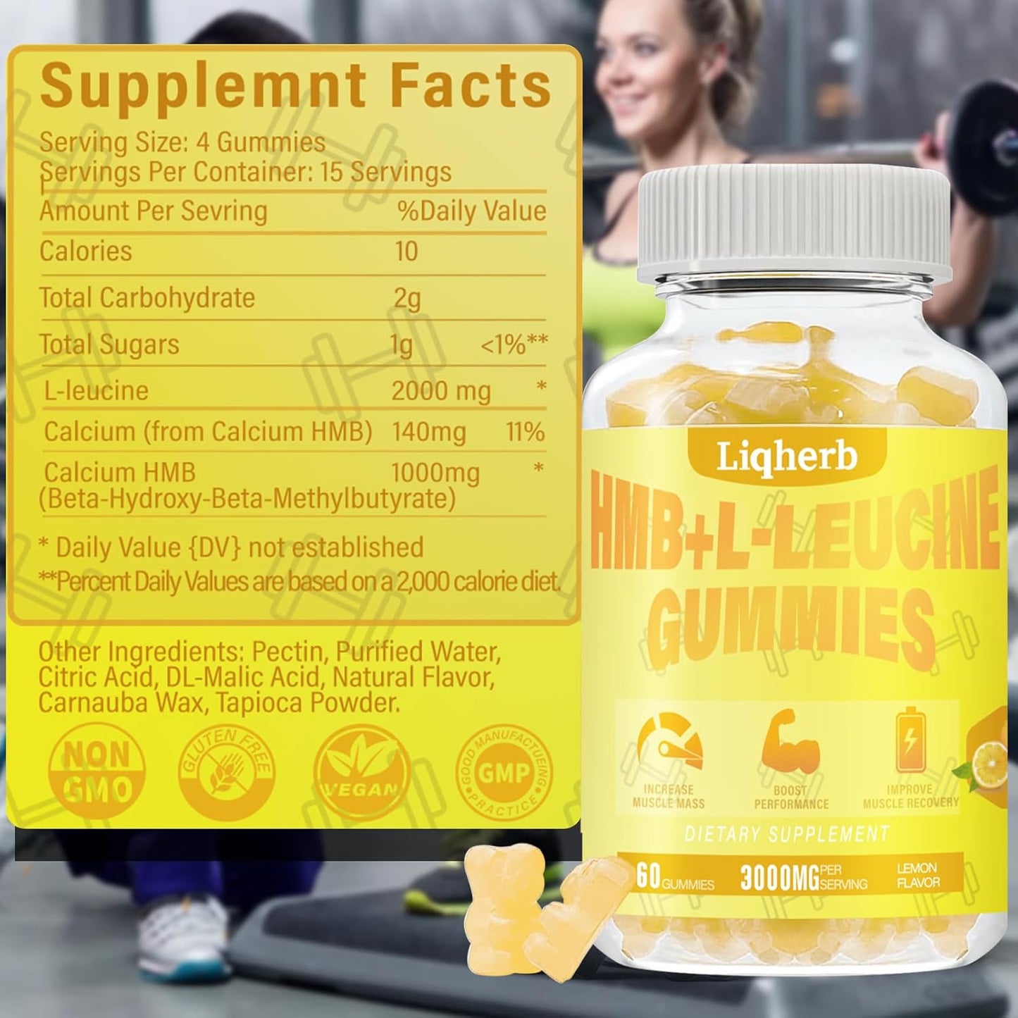 Liqherb HMB L-Leucine Gummies 3000mg for Muscle Recovery & Endurance - Non GMO, Vegan, Gluten-Free - 120 Count