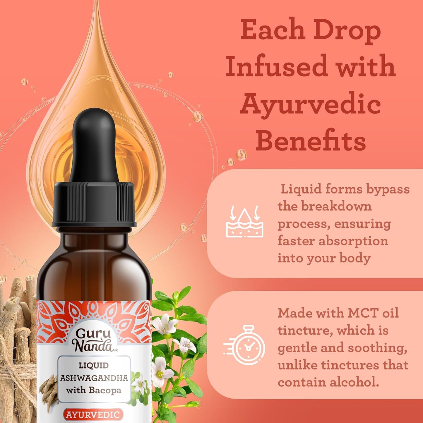 Liquid Ashwagandha with Bacopa Extract Drops - 1 Fl Oz - Natural Dietary Supplement for Immune, Focus, and Relaxation - Vegan & Alcohol-Free Formula for Men & Women