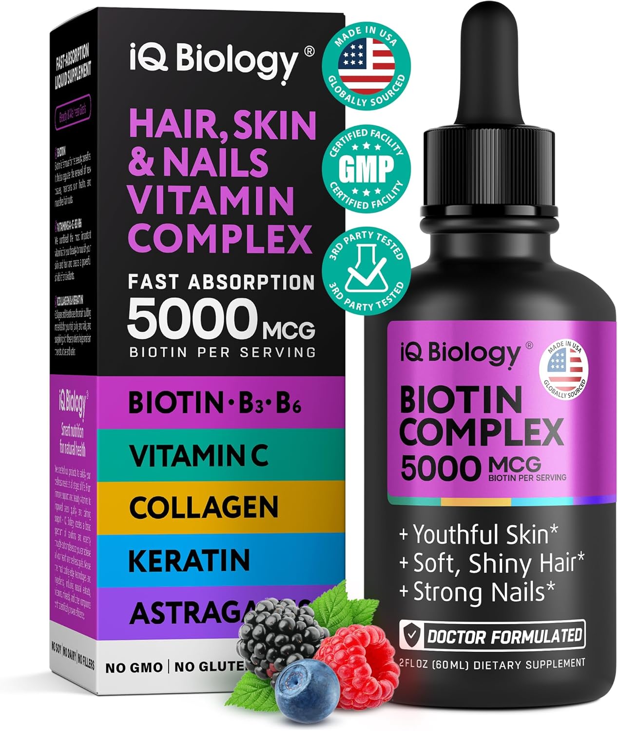 Liquid Biotin 5000mcg Drops for Hair Growth with Astragalus, Collagen & Keratin - Made in USA - Extra Strength Hair Skin Nails Vitamins for Women & Men