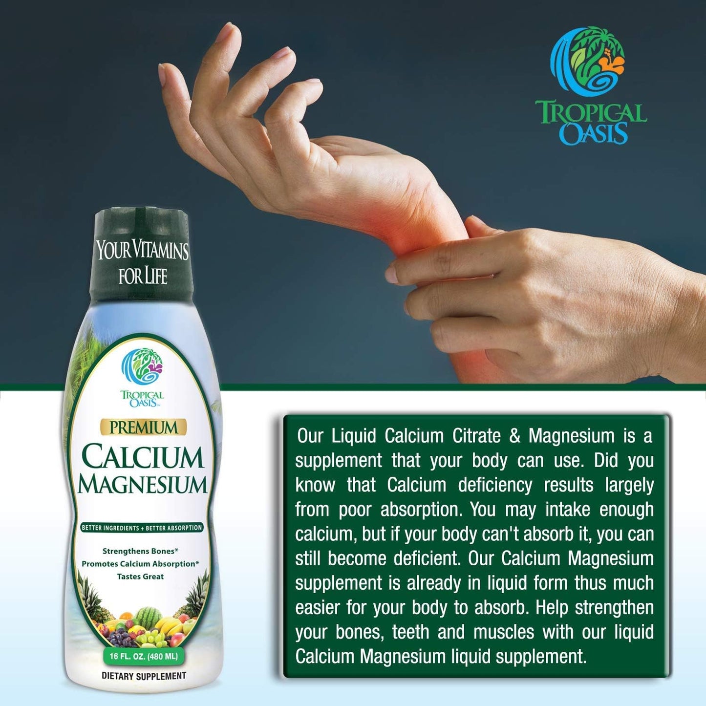 Liquid Calcium & Magnesium Supplement - Natural Formula for Strong Bones - Liquid Vitamins with Calcium - 16oz, 32 Servings
