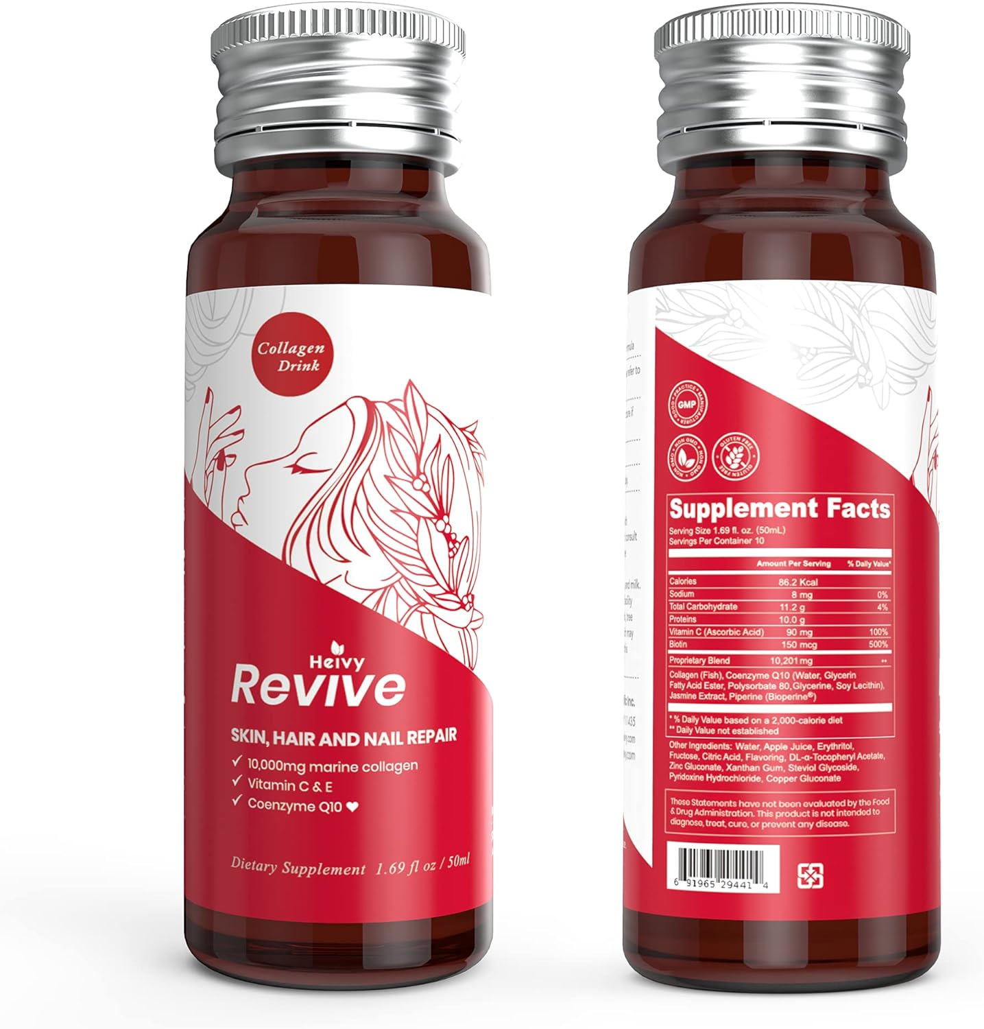 Liquid Collagen Drink for Women - 10,000mg Marine Collagen Peptides - Hair Growth, Skin Repair, Nail Strength - 1.69 Fl Oz x 10 Pack