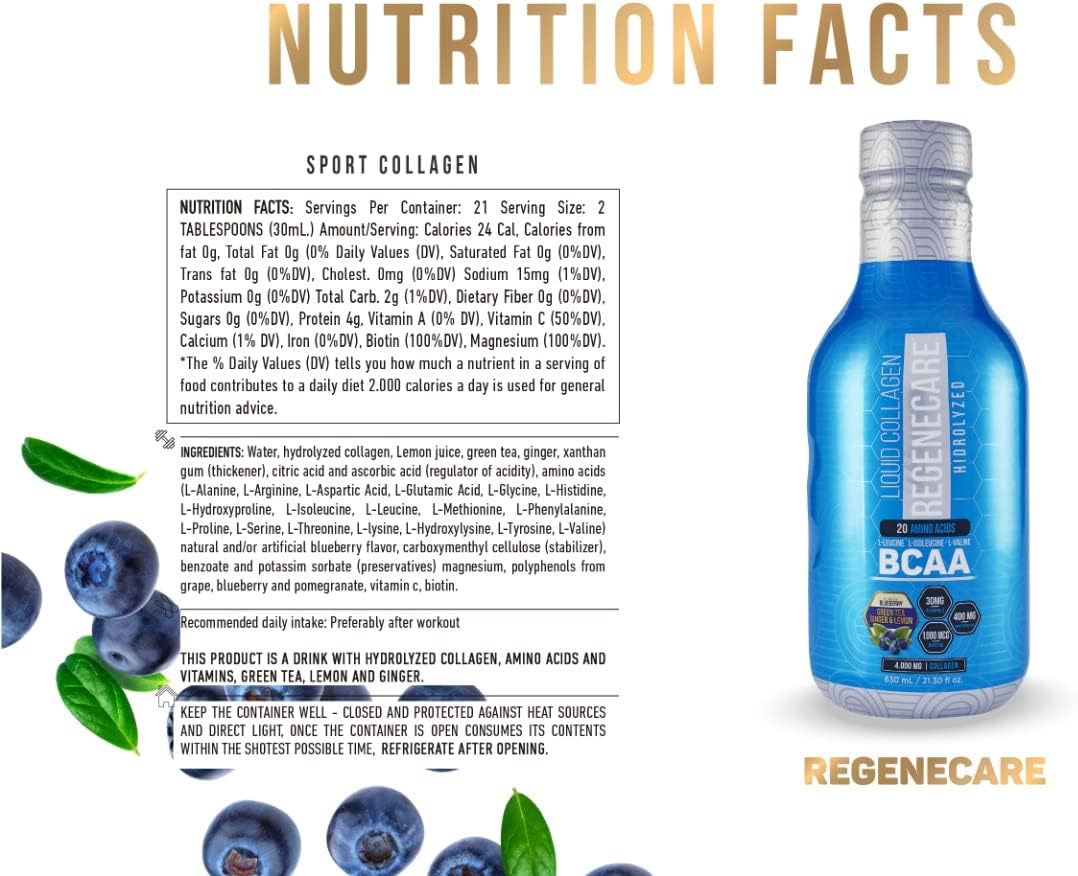 Liquid Collagen Peptides Supplement for Hair, Skin, Nails, Joints, Bones, and Health - 630ml (21.30 fl oz) - BCAA Sport Formula - Women & Men