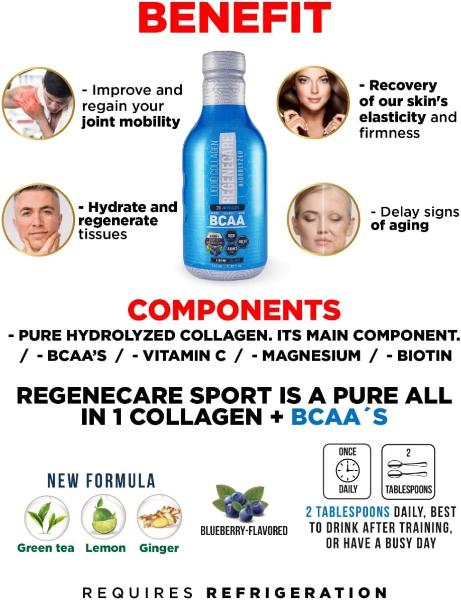 Liquid Collagen Peptides Supplement for Hair, Skin, Nails, Joints, Bones, and Health - 630ml (21.30 fl oz) - BCAA Sport Formula - Women & Men