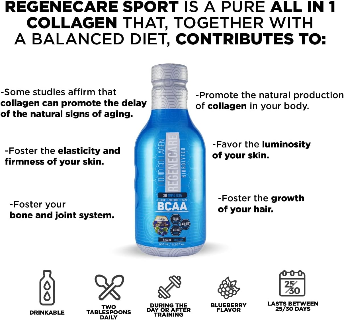 Liquid Collagen Peptides Supplement for Hair, Skin, Nails, Joints, Bones, and Health - 630ml (21.30 fl oz) - BCAA Sport Formula - Women & Men