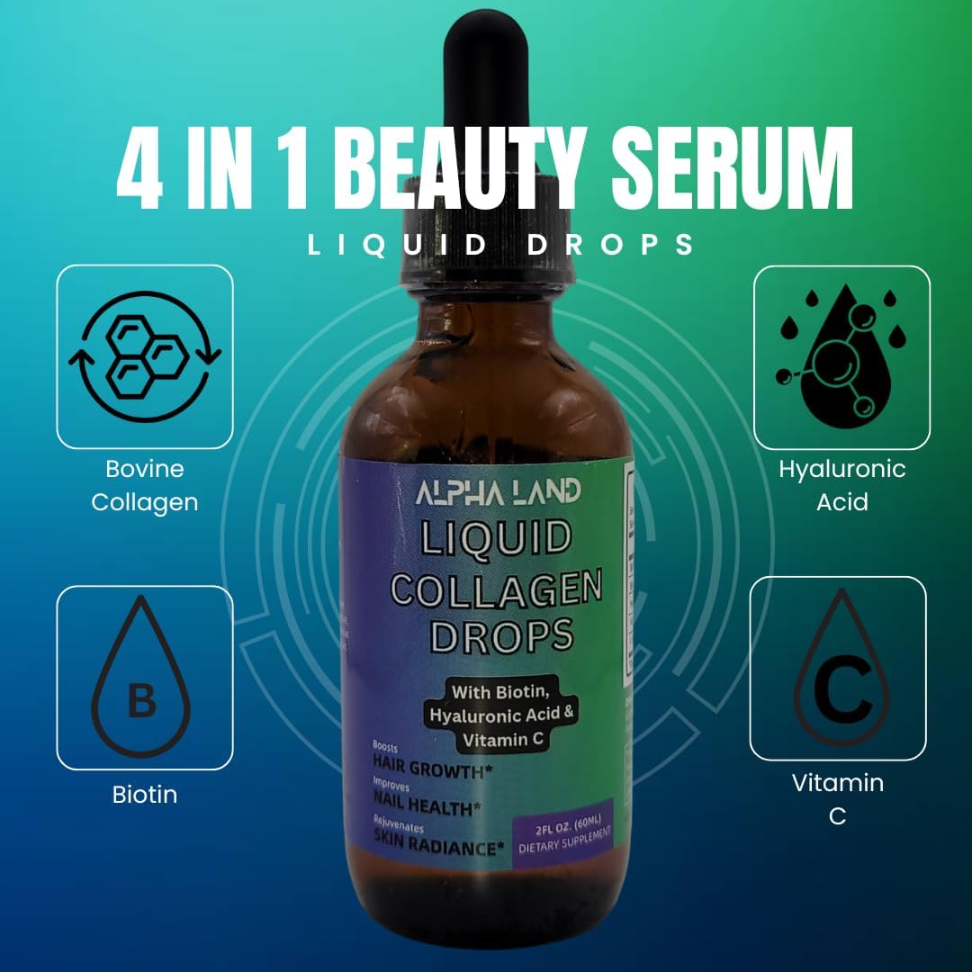 Liquid Collagen Serum Supplement with Hyaluronic Acid, Biotin, and Vitamin C for Skin Hydration, Hair Growth, and Nail Strength - Anti-Aging Beauty Formula