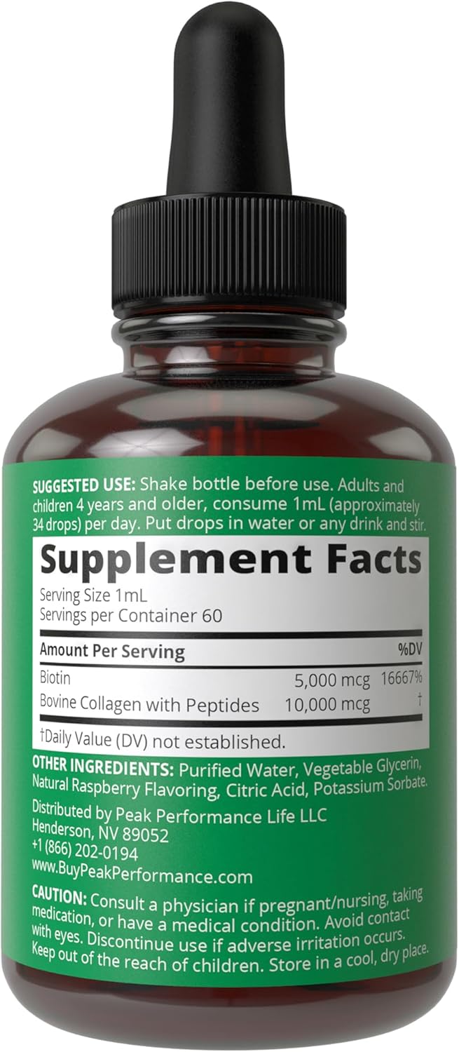 Liquid Collagen with Biotin for Hair Growth, Skin & Nails - 10,000 mcg Collagen Peptides + 5,000 mcg Biotin - Gluten Free & Sugar Free