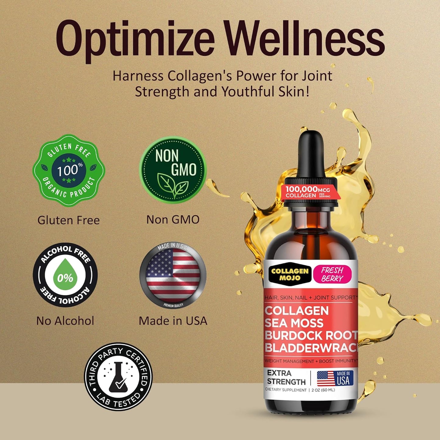 Liquid Collagen with Sea Moss, Burdock Root & Bladderwrack for Hair, Skin, Nails, Joints - 100,000mcg, 2 Oz - Women & Men's Collagen Peptides - Supports Weight Management & High Absorption