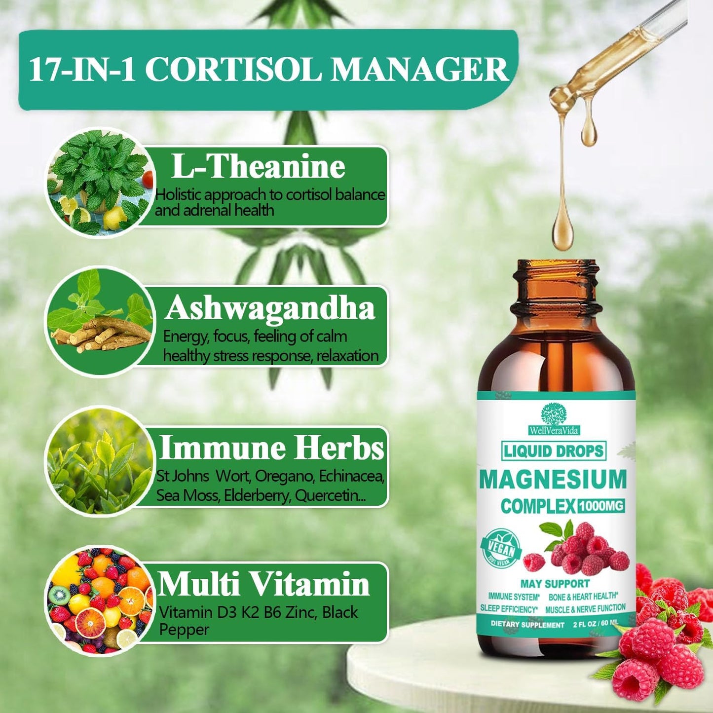 Liquid Cortisol Reducer Drops with Magnesium, Vitamin D3, Ashwagandha, St Johns Wort, Lemon Balm - Promotes Hormone Balance, Relaxation, Women's Health