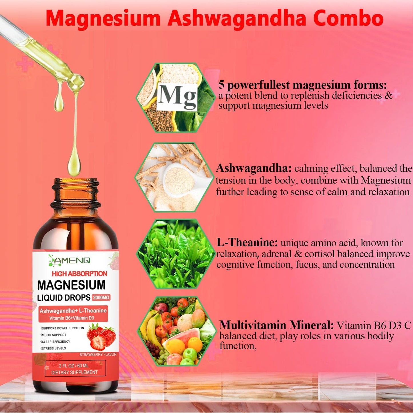 Liquid Cortisol Reducer with Magnesium, Ashwagandha, and L-Theanine - Strawberry Flavored Drink Mix for Balanced Hormones and Relaxation