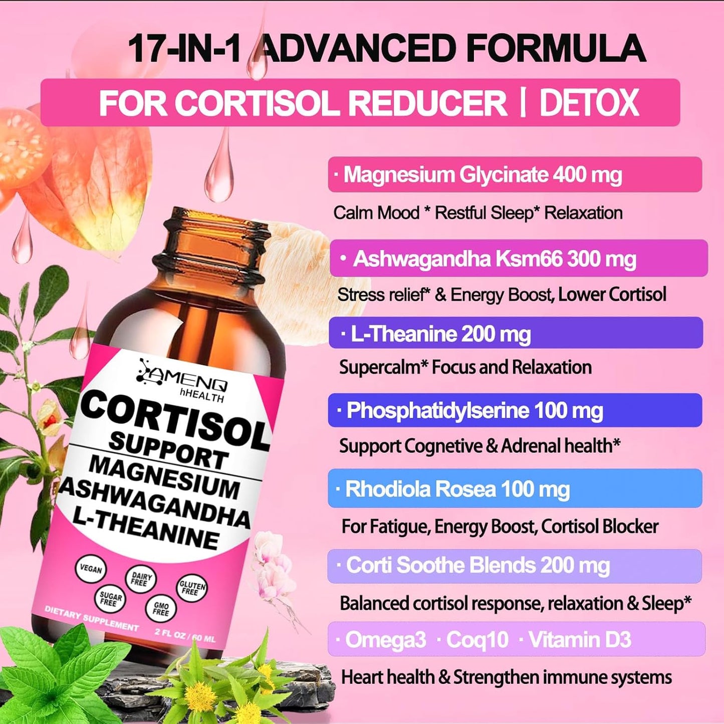Liquid Cortisol Supplement Drops with 17-in-1 Formula for Hormone Balance, Stress Relief, and Relaxation - Women's Cortisol Reducer with Ashwagandha, Theanine, Rhodiola Rosea, and Magnesium