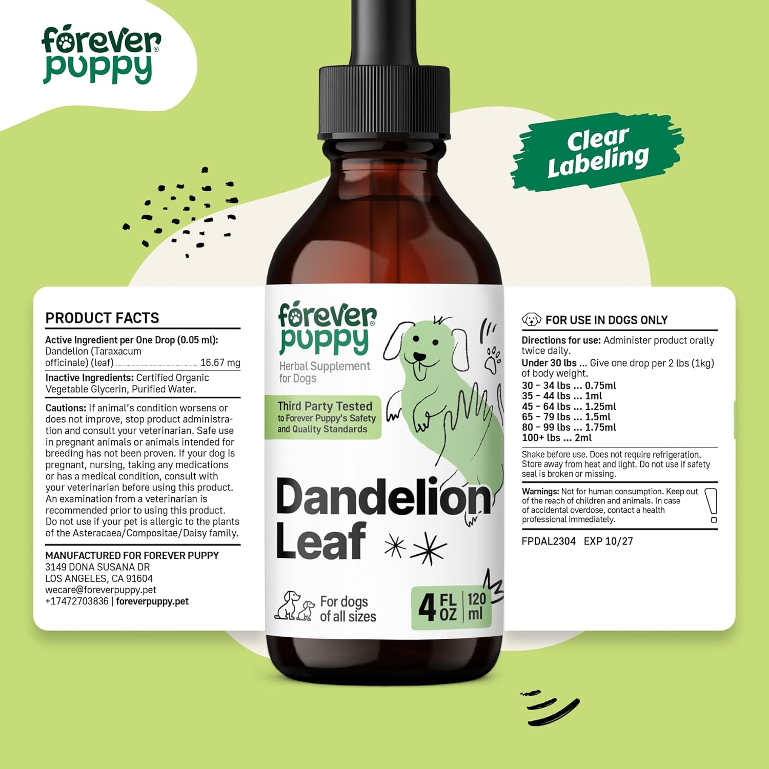Liquid Dandelion Leaf Kidney Health Supplement for Dogs - 4 oz Bottle - Supports Kidney Cleanse & Detox - Suitable for Large, Medium, and Small Breeds