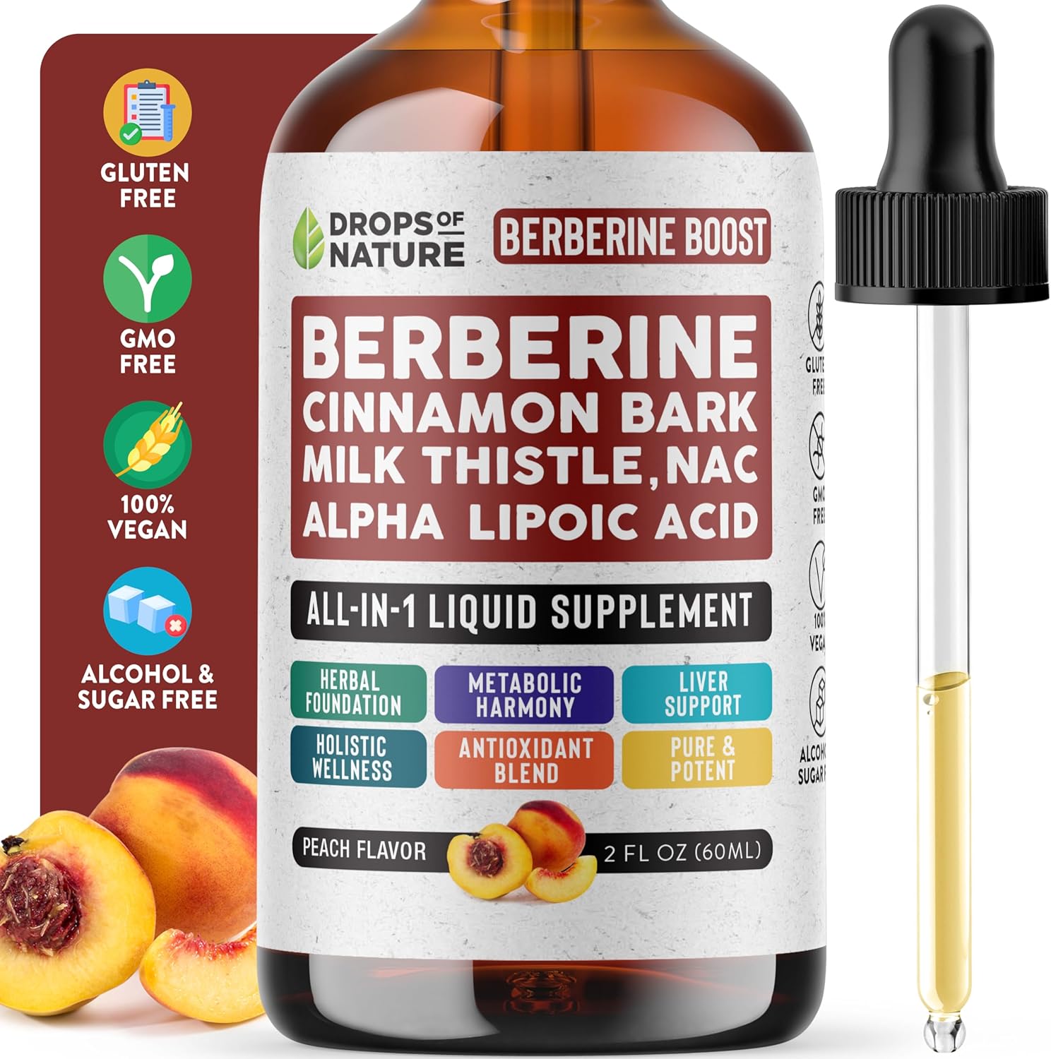 Liquid Drops Berberine Supplement with Milk Thistle, Ceylon Cinnamon, Alpha Lipoic Acid, NAC - Vegan, 4X Absorption, Liver Support & Holistic Wellness - Peach Flavor, 60mL