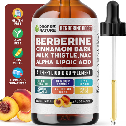 Liquid Drops Berberine Supplement with Milk Thistle, Ceylon Cinnamon, Alpha Lipoic Acid, NAC - Vegan, 4X Absorption, Liver Support & Holistic Wellness - Peach Flavor, 60mL