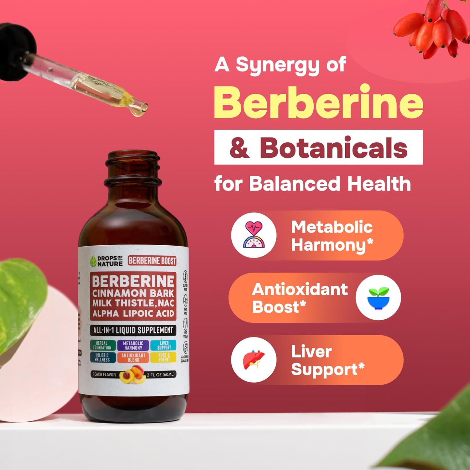 Liquid Drops Berberine Supplement with Milk Thistle, Ceylon Cinnamon, Alpha Lipoic Acid, NAC - Vegan, 4X Absorption, Liver Support & Holistic Wellness - Peach Flavor, 60mL