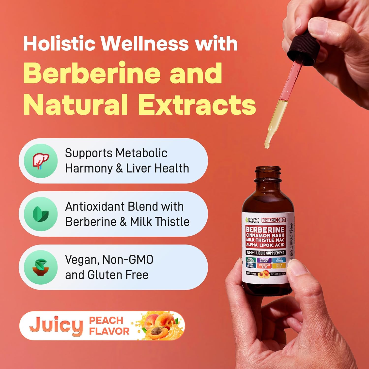 Liquid Drops Berberine Supplement with Milk Thistle, Ceylon Cinnamon, Alpha Lipoic Acid, NAC - Vegan, 4X Absorption, Liver Support & Holistic Wellness - Peach Flavor, 60mL