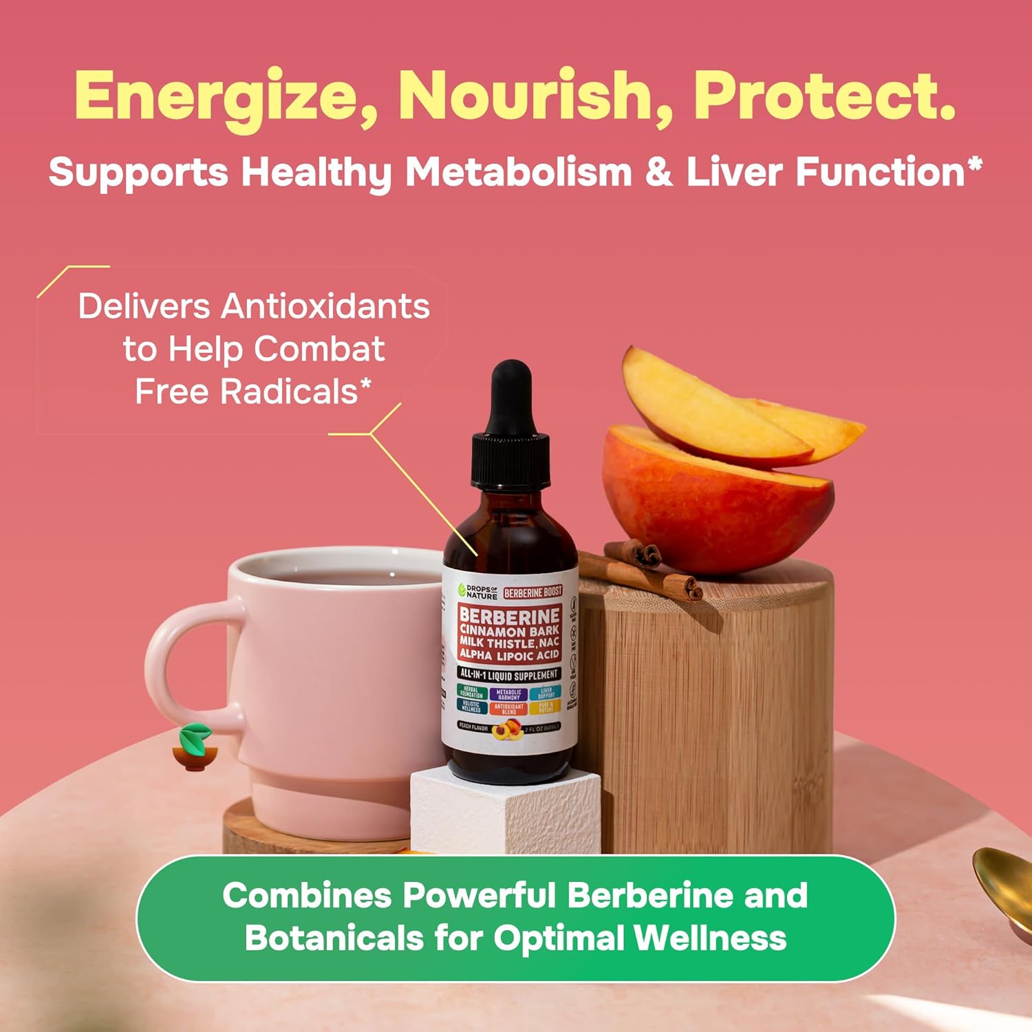 Liquid Drops Berberine Supplement with Milk Thistle, Ceylon Cinnamon, Alpha Lipoic Acid, NAC - Vegan, 4X Absorption, Liver Support & Holistic Wellness - Peach Flavor, 60mL
