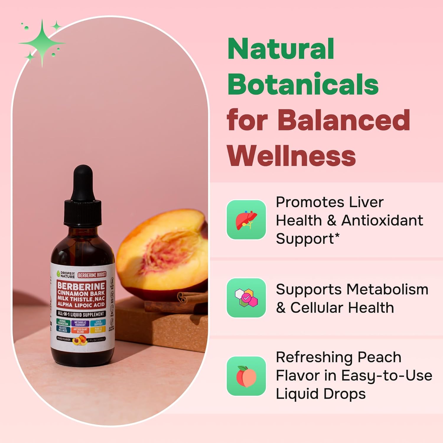 Liquid Drops Berberine Supplement with Milk Thistle, Ceylon Cinnamon, Alpha Lipoic Acid, NAC - Vegan, 4X Absorption, Liver Support & Holistic Wellness - Peach Flavor, 60mL