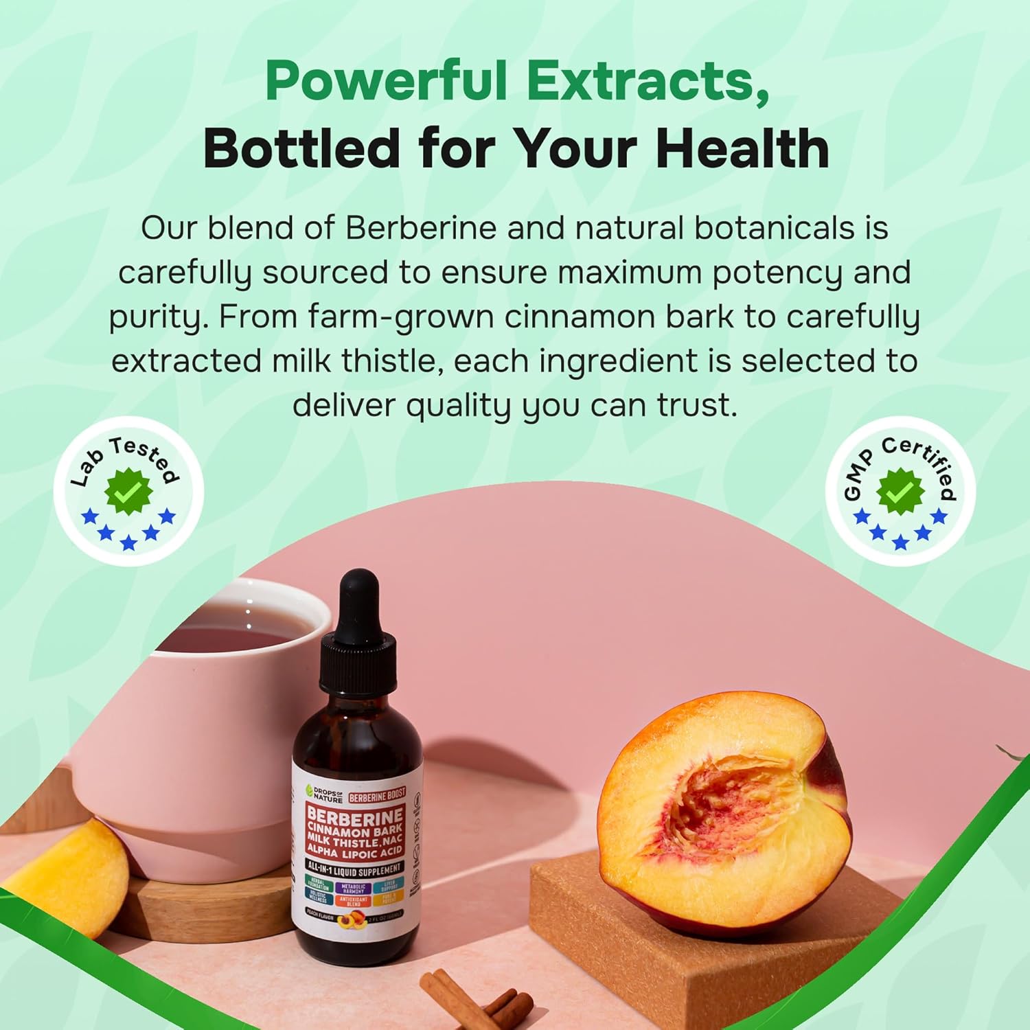 Liquid Drops Berberine Supplement with Milk Thistle, Ceylon Cinnamon, Alpha Lipoic Acid, NAC - Vegan, 4X Absorption, Liver Support & Holistic Wellness - Peach Flavor, 60mL