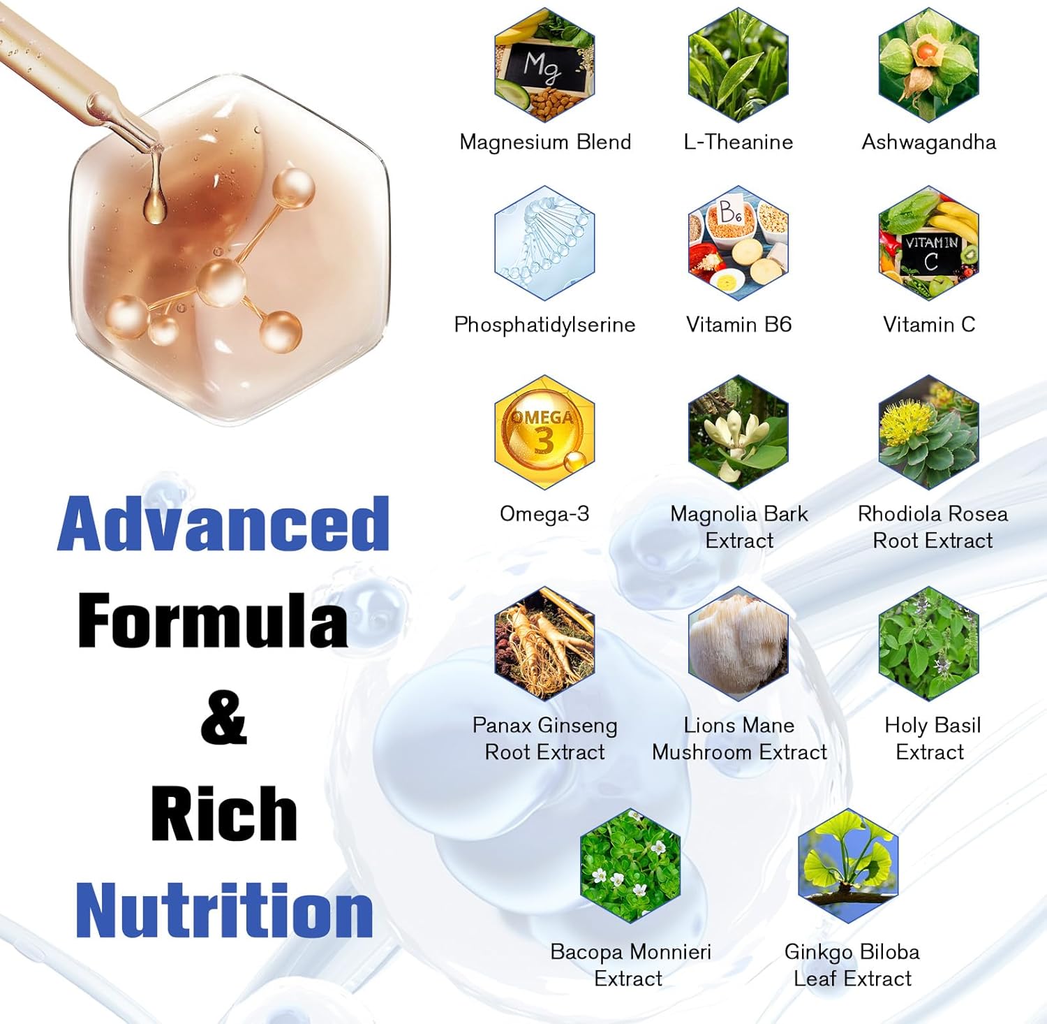 Liquid Drops Hormone Balance Supplement for Women & Men with Magnesium, Ashwagandha, Rhodiola Rosea - Supports Mood, Focus, Sleep - 2 FL.OZ