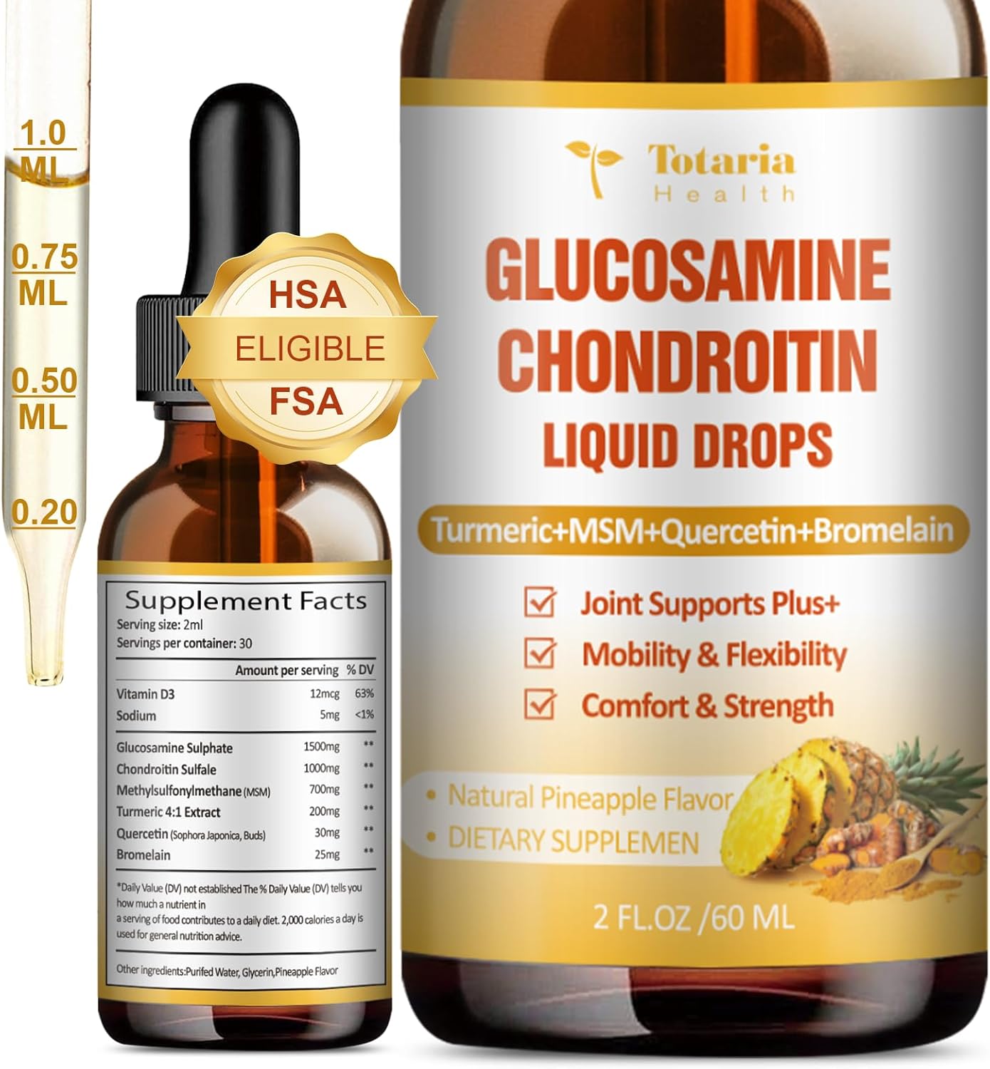 Liquid Glucosamine Chondroitin MSM Drops with Turmeric, Quercetin, Bromelain - Joint Health Support Vegan Supplement - FSA HSA Eligible
