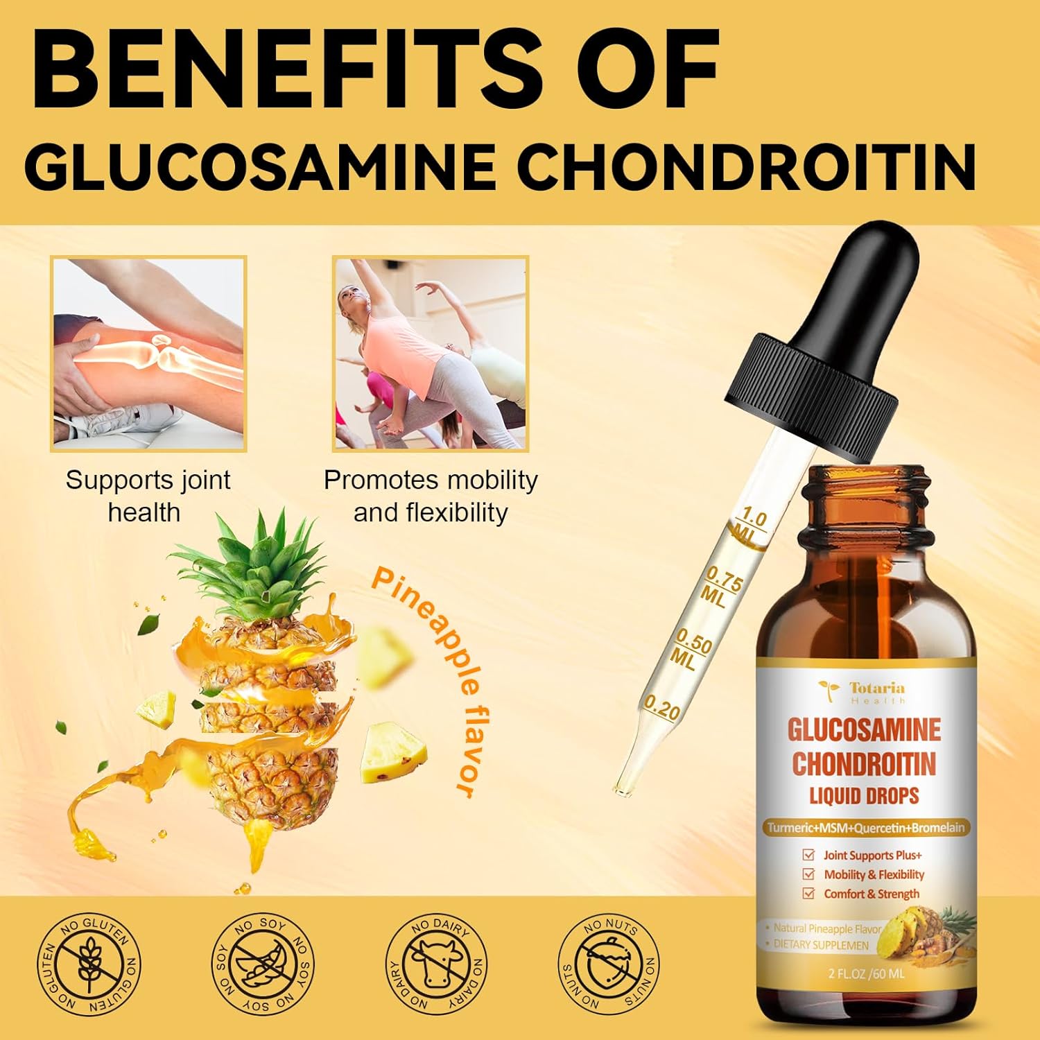 Liquid Glucosamine Chondroitin MSM Drops with Turmeric, Quercetin, Bromelain - Joint Health Support Vegan Supplement - FSA HSA Eligible