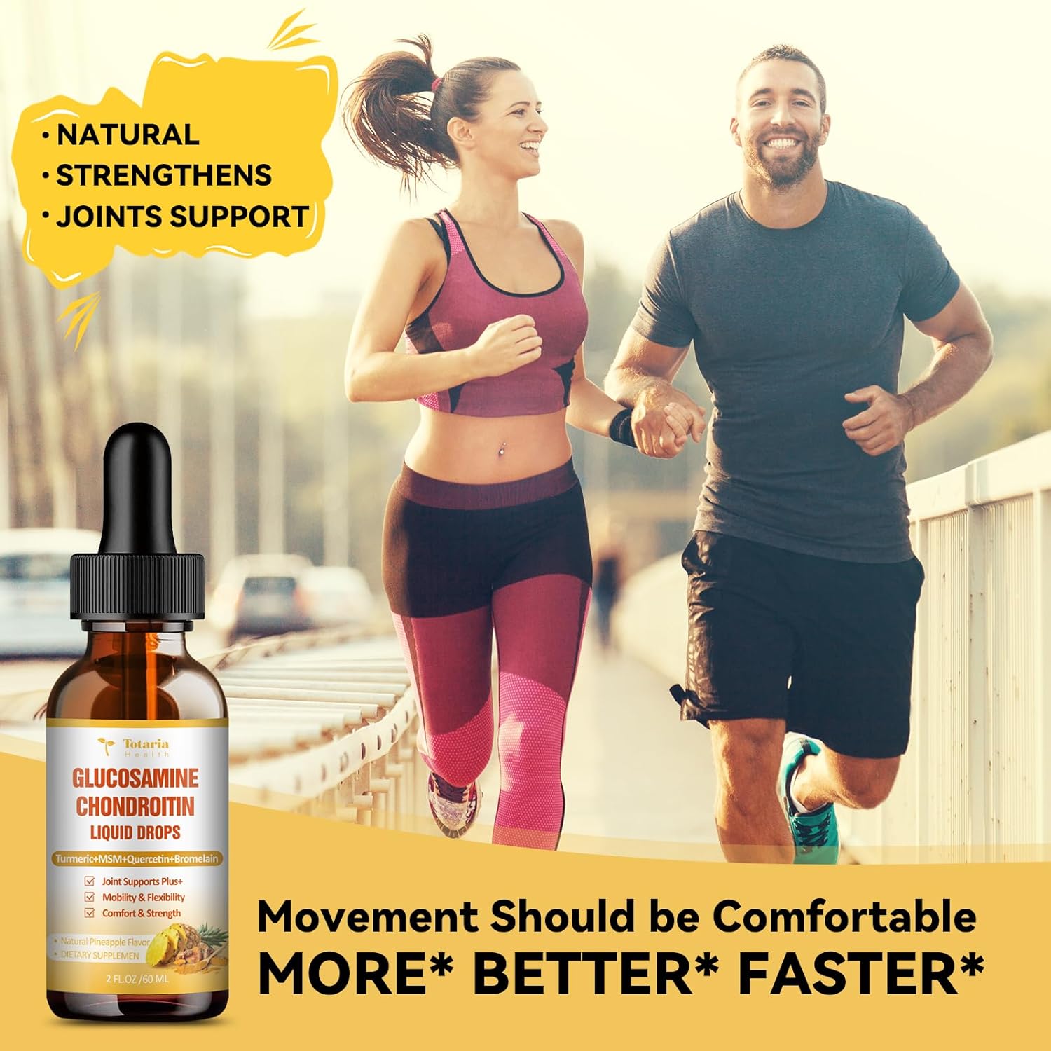 Liquid Glucosamine Chondroitin MSM Drops with Turmeric, Quercetin, Bromelain - Joint Health Support Vegan Supplement - FSA HSA Eligible