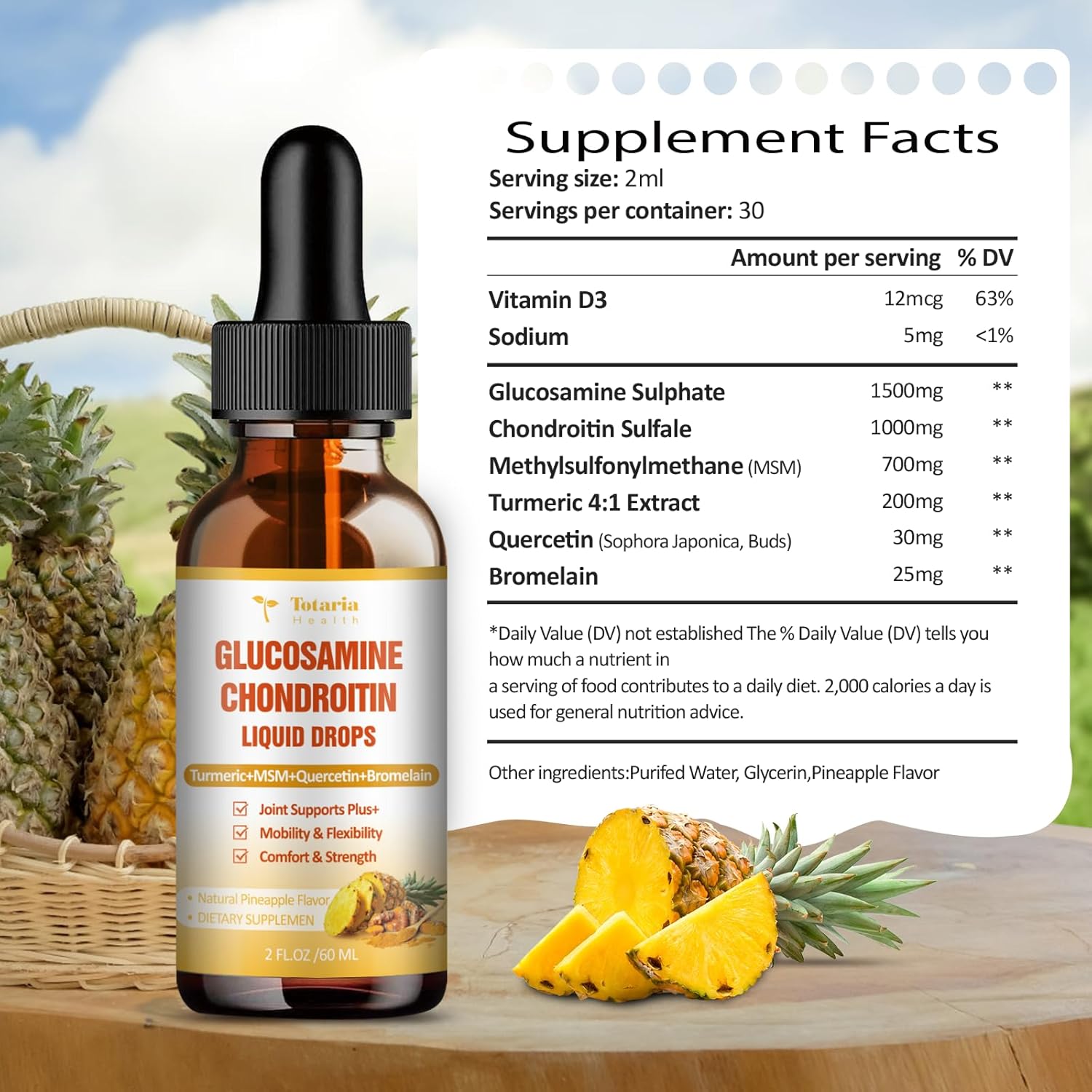 Liquid Glucosamine Chondroitin MSM Drops with Turmeric, Quercetin, Bromelain - Joint Health Support Vegan Supplement - FSA HSA Eligible