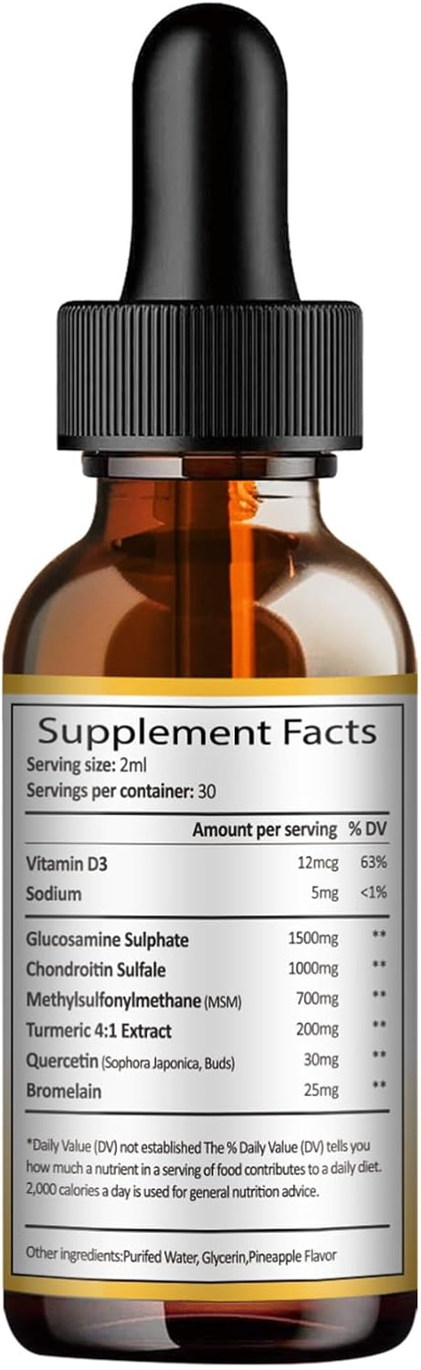 Liquid Glucosamine Chondroitin MSM Drops with Turmeric, Quercetin, Bromelain - Joint Health Support Vegan Supplement - FSA HSA Eligible