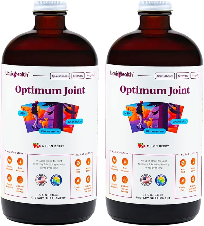 Liquid Health Optimum Joint Support Multivitamin with Glucosamine, Chondroitin, MSM, and Hyaluronic Acid - Enhance Mobility and Joint Comfort for Runners and Athletes - Sugar-Free and Vegan Formula - 2 Pack
