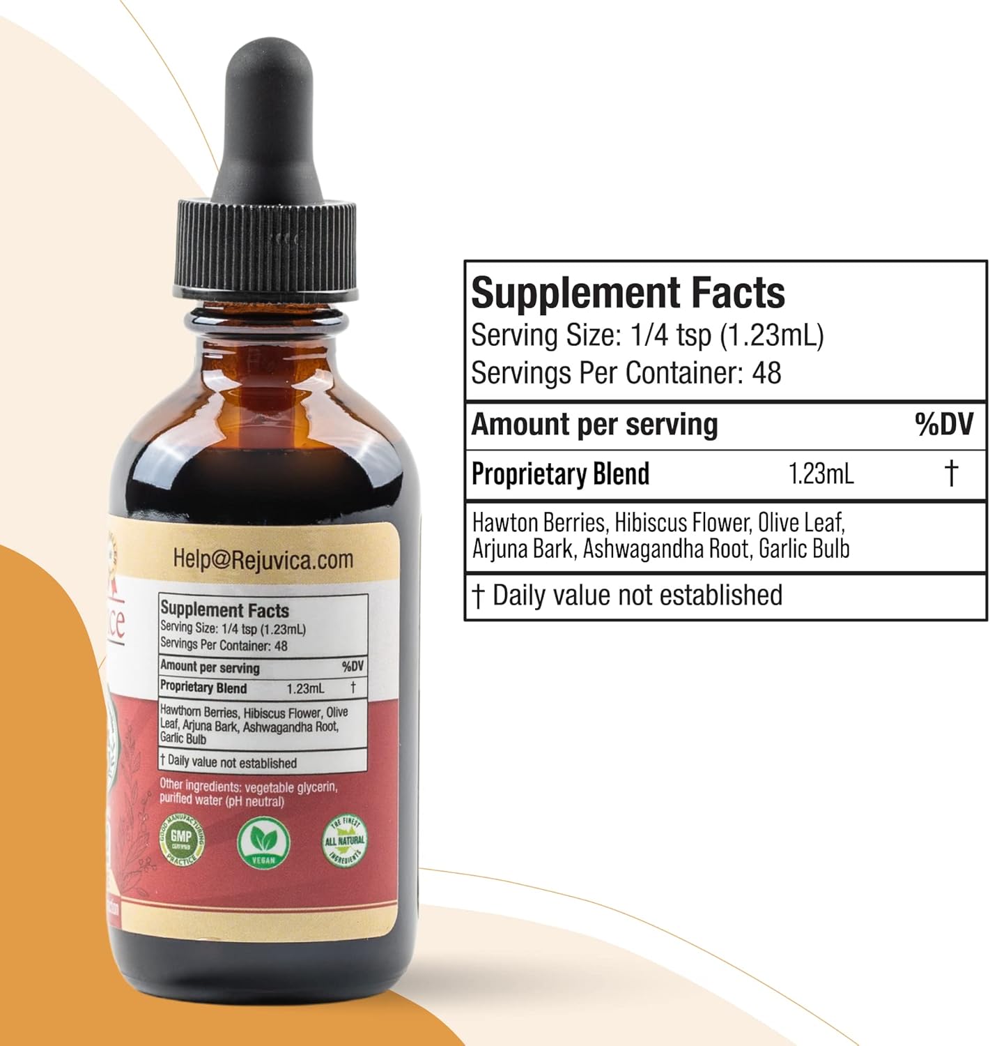 Liquid Heart Support Supplement with Hawthorne, Hibiscus, Arjuna, Olive Leaf - Cardio Health Formula by Rejuvica Health