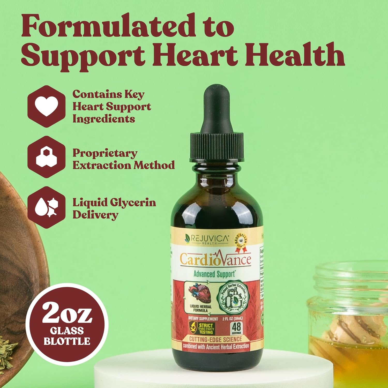 Liquid Heart Support Supplement with Hawthorne, Hibiscus, Arjuna, Olive Leaf - Cardio Health Formula by Rejuvica Health