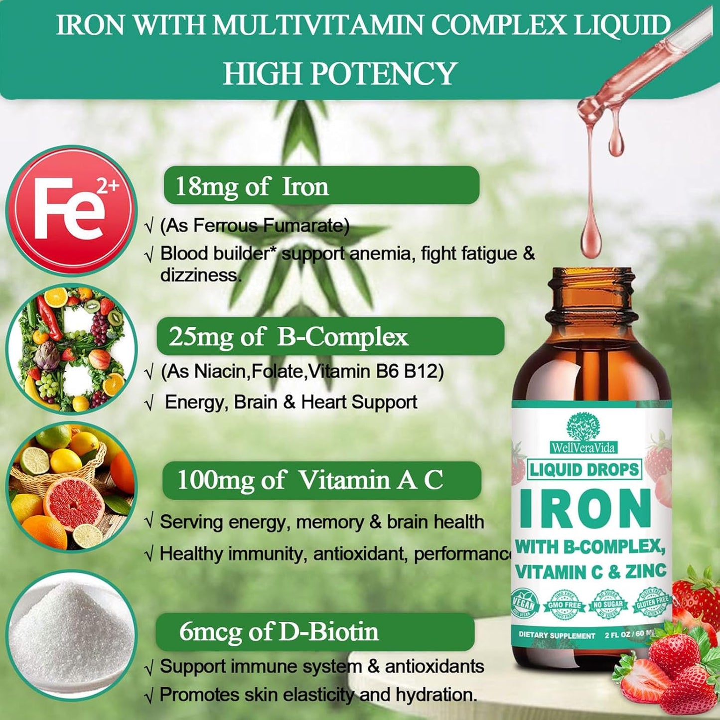 Liquid High Potency Iron Supplement with Vitamin C, B12, and B-Complex - Blood Builder for Anemia, Fatigue, Red Blood Cell Support - Vegan Formula for Women, Men, and Kids - Gentle Iron Supplement