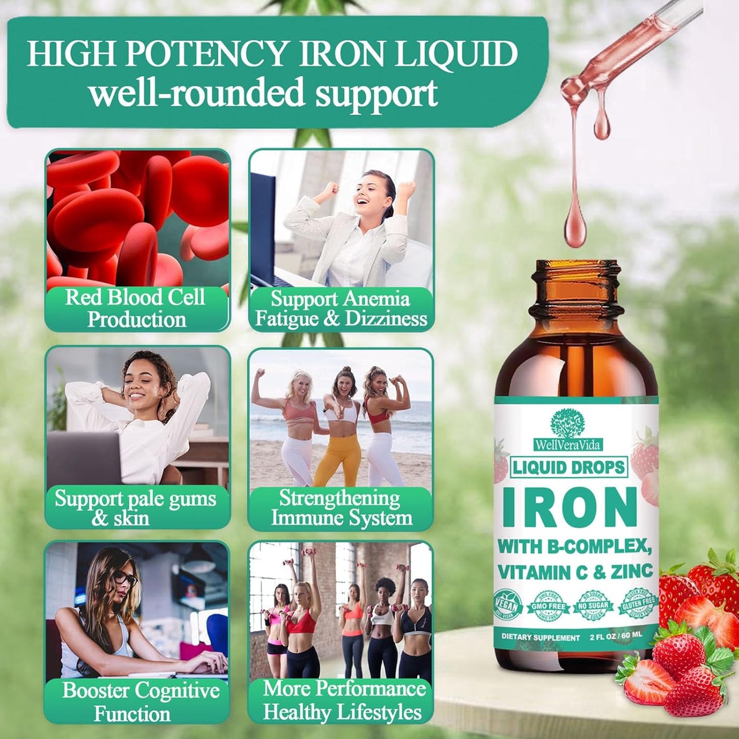 Liquid High Potency Iron Supplement with Vitamin C, B12, and B-Complex - Blood Builder for Anemia, Fatigue, Red Blood Cell Support - Vegan Formula for Women, Men, and Kids - Gentle Iron Supplement