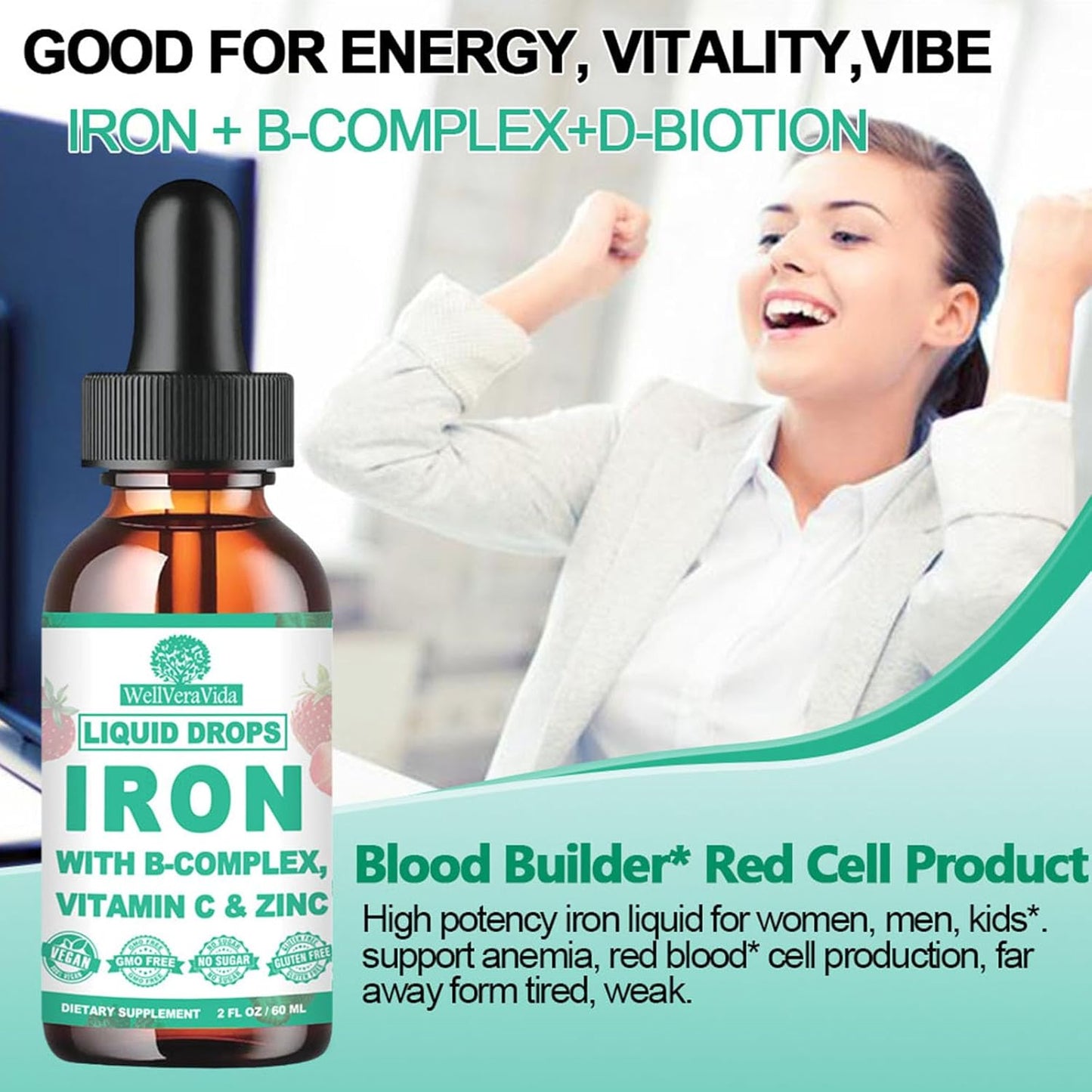 Liquid High Potency Iron Supplement with Vitamin C, B12, and B-Complex - Blood Builder for Anemia, Fatigue, Red Blood Cell Support - Vegan Formula for Women, Men, and Kids - Gentle Iron Supplement