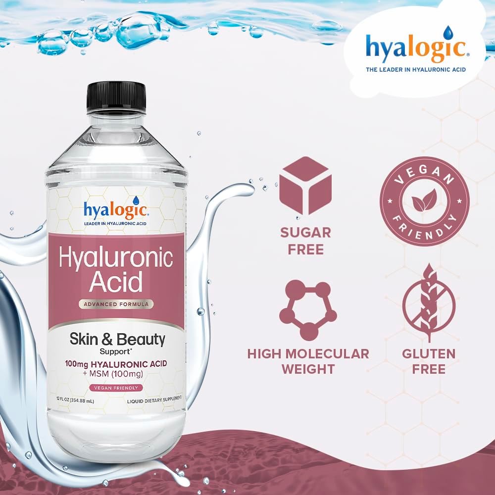 Liquid Hyaluronic Acid Supplement with MSM for Skin Hydration - 100mg HA & MSM - High Molecular Weight Formula - 12 oz