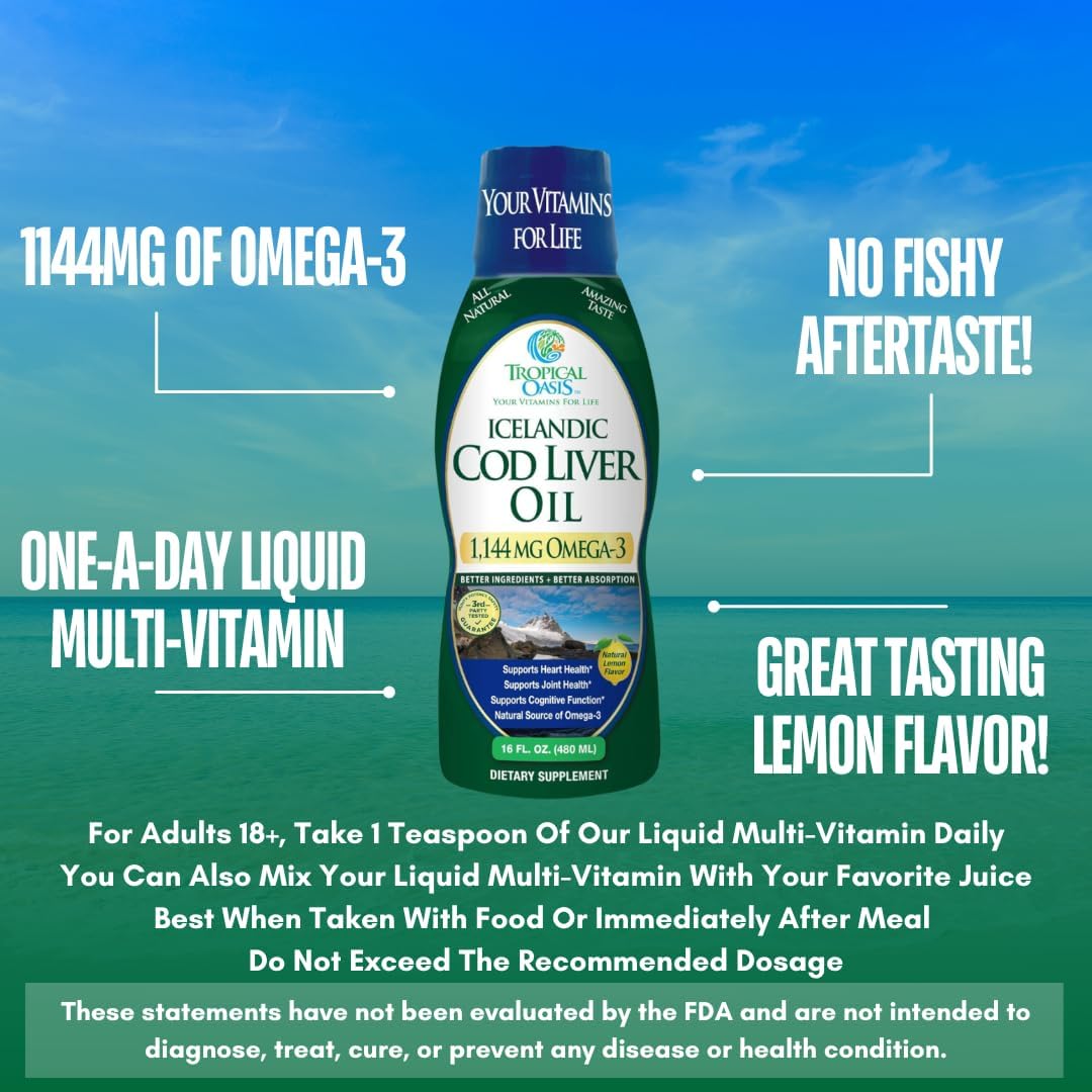 Liquid Icelandic Cod Liver Oil - Maximum Strength 1144mg Omega-3 Fish Oil (Lemon Flavor, 90 Servings)