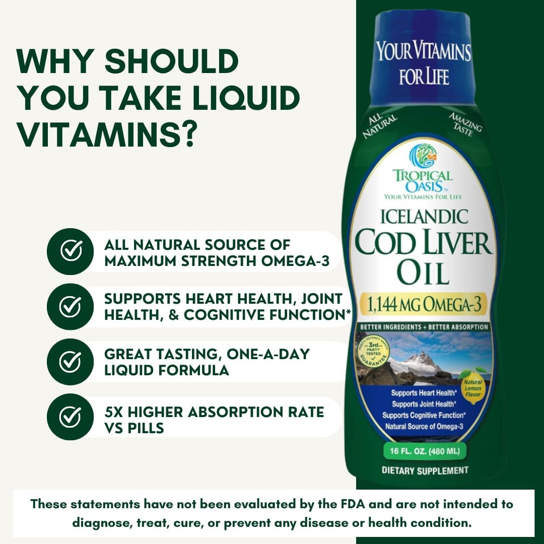 Liquid Icelandic Cod Liver Oil - Maximum Strength 1144mg Omega-3 Fish Oil (Lemon Flavor, 90 Servings)