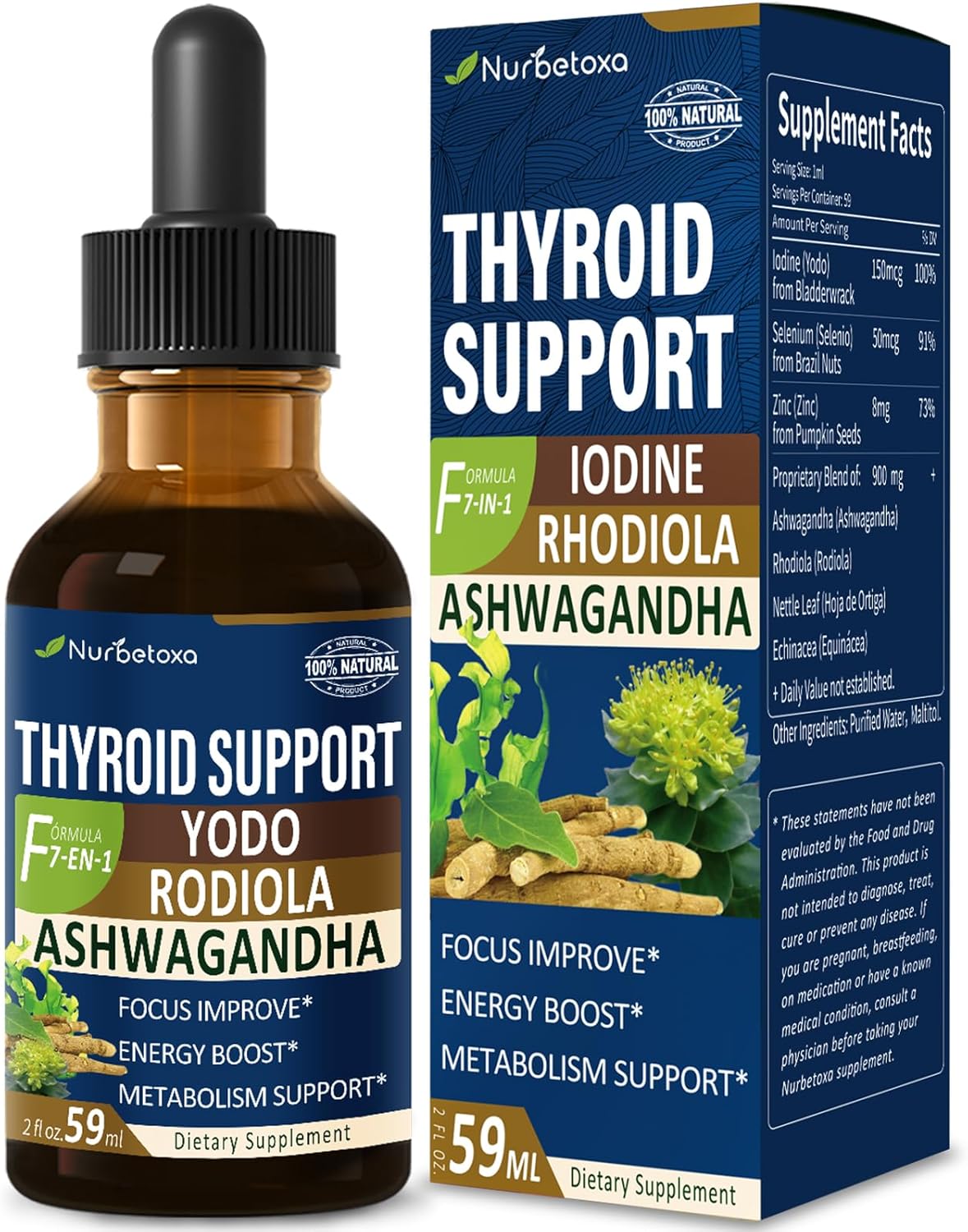 Liquid Iodine Supplement with Selenium for Thyroid Support - Includes Ashwagandha & Rhodiola Extract - 2 oz Tincture