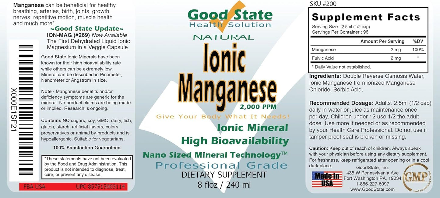 Liquid Ionic Manganese Supplement - 96 Servings, 2mg Elemental Manganese with Fulvic Acid - 8 fl oz Bottle