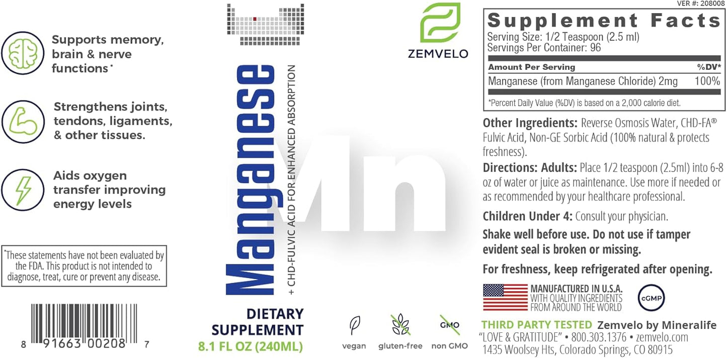 Liquid Ionic Manganese Supplement for Joint, Energy, and Muscle Support - Women's and Men's Health - Adult Supplement for Healthy Aging