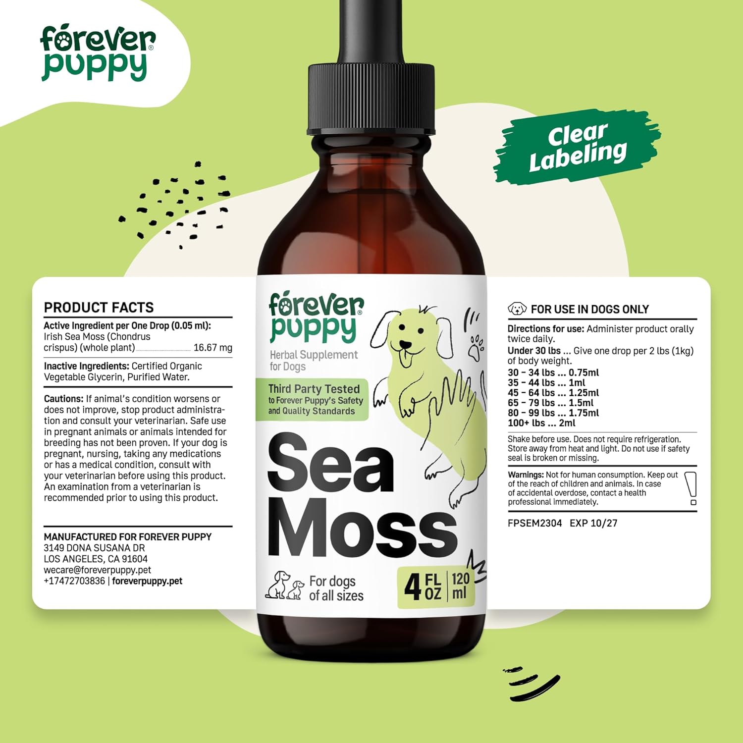 Liquid Irish Sea Moss Drops for Dogs - Thyroid & Energy Support - All Breeds & Sizes - Dog Food Supplement - Vitamins - 4 oz