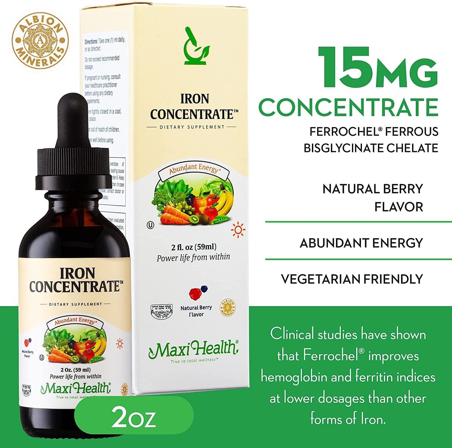 Liquid Iron Drops for Energy and Blood Boost - Maxi Health Iron Supplement 15mg Per ML - Non-Constipating Formula for Men, Women, & Kids - 2 oz, 2 Pack